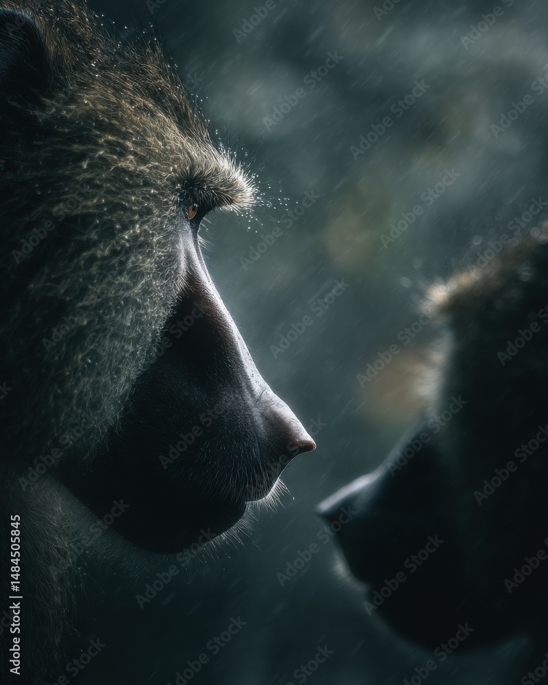 Poster detailed close up profile of a baboon's face in heavy rain shower, representing wild nature and anim