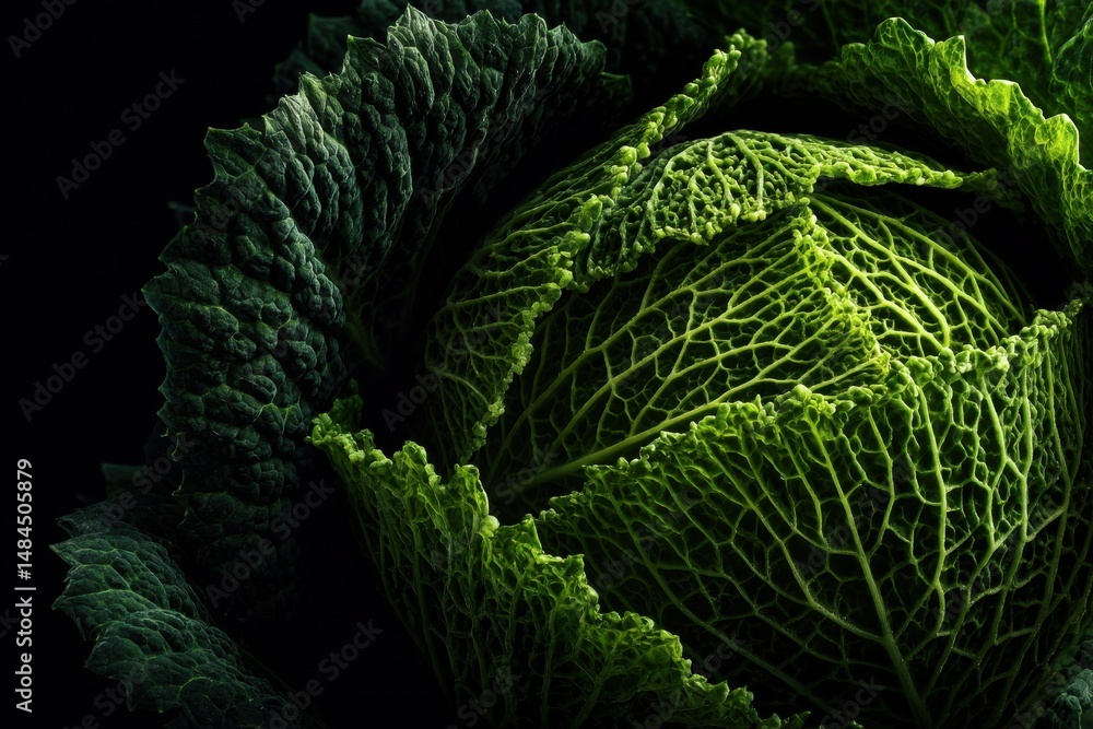 Aufkleber detailed macro view of a fresh green savoy cabbage head against a dark background, highlighting intr
