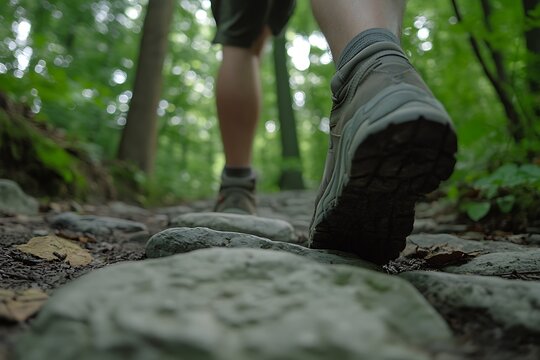 Person hiking on a rocky trail through a forest surrounded by lush greenery