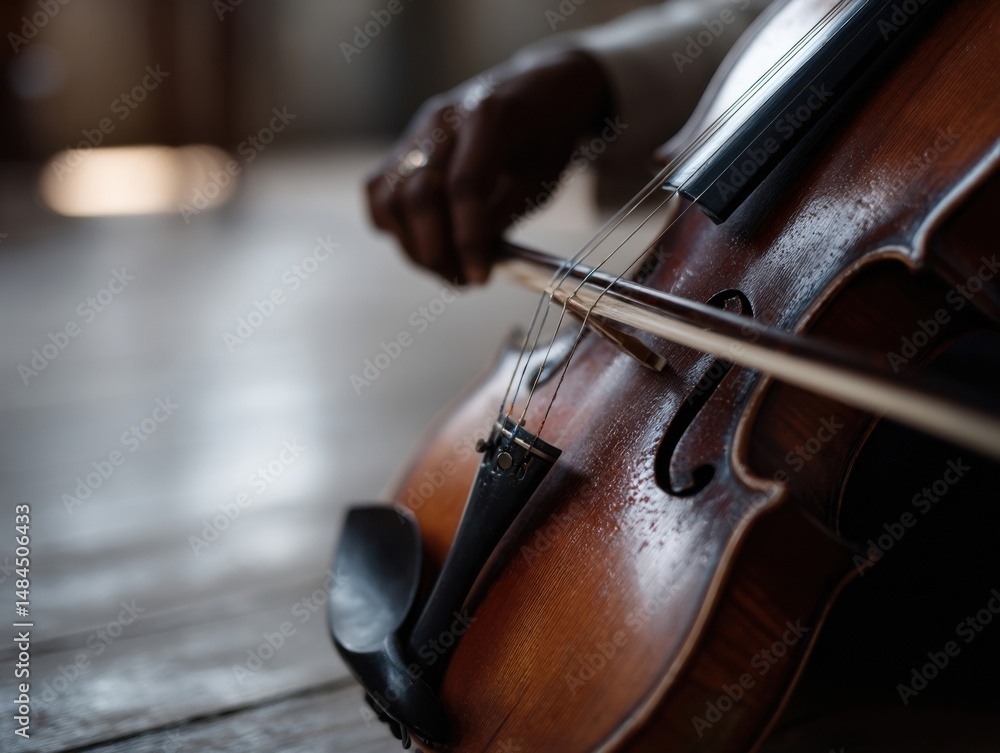 Poster close up detail of a musician playing a cello with bow on strings, capturing the essence of music pe