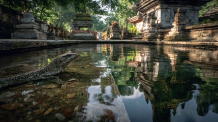 Lizard Resting in Temple Pool With Reflections, Representing Wildlife Conservation and Spiritual Connection to Nature in Travel Photography : Generative AI