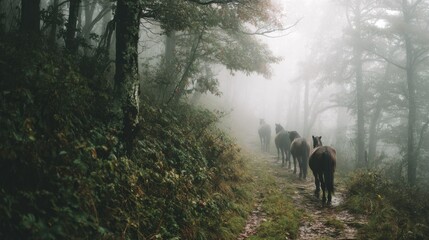 Several Horses Walk Down a Misty Forest Path Capturing the Essence of Nature Exploration and Wilderness Adventure : Generative AI