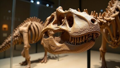 Close-up of fossilized dinosaur bones in a museum setting, showcasing ancient history and evolutionary processes , mineralization, Triassic, dinosaur