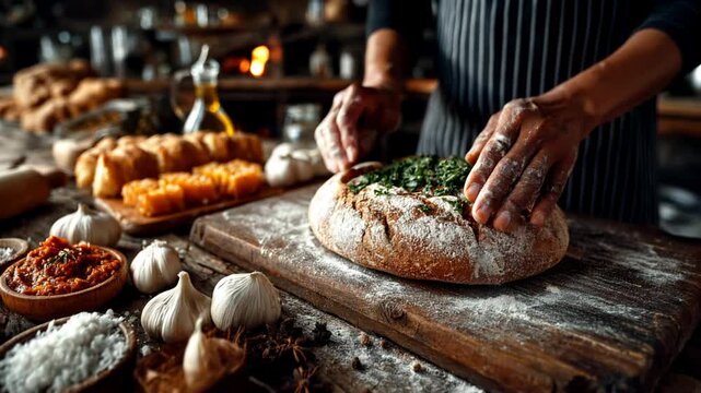 Baker prepares fresh bread with herbs and garlic in rustic kitchen setting during the late afternoon