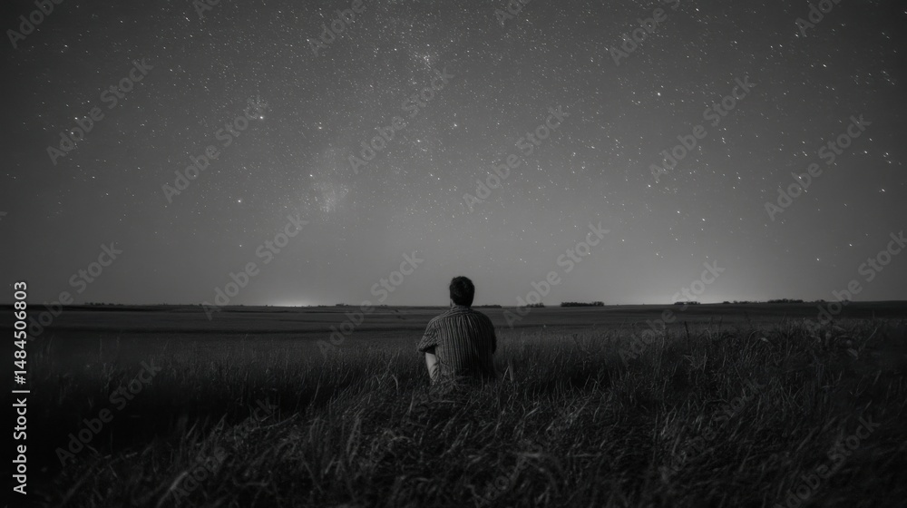 Poster man sits in field gazing at starry night sky in black and white, representing contemplation and find