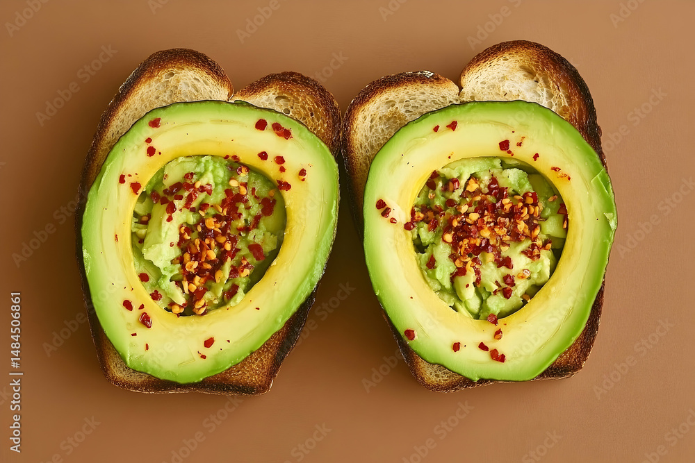 Poster two slices of toast topped with sliced avocado and red pepper flakes.