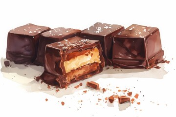 Artisan Chocolate Delights: A close-up showcases a decadent selection of handcrafted chocolates, each a miniature masterpiece of rich dark chocolate, sea salt flakes, and a creamy, layered filling.