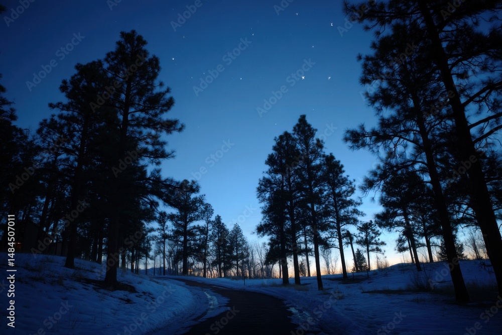 Aufkleber snowy path through pine trees under starry sky at twilight, representing winter solitude and peacefu