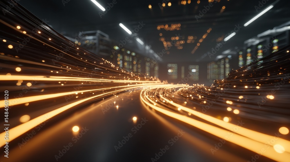 Poster Abstract Glowing Orange Lines Flowing Rapidly Through a Dark Server Room Environment Representing High Speed Data Transfer and Digital Connectivity for Business and Technology : Generative AI