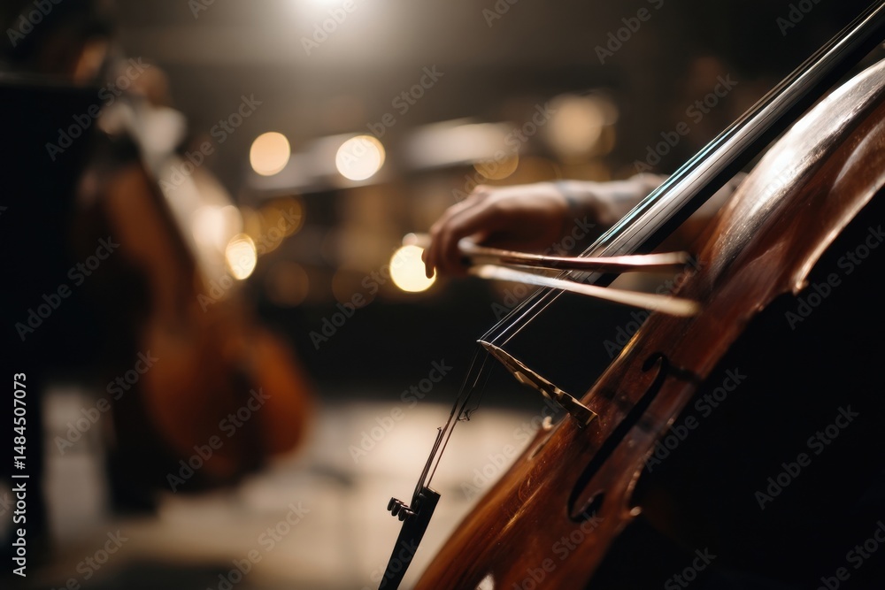 Aufkleber close-up of cellist playing in concert hall with bokeh lights, depicting artistic expression and cul