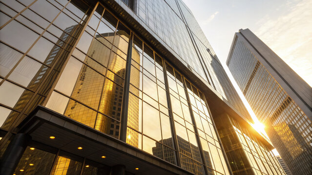 Modern central bank building with glass facade reflecting sunlight, symbolizing financial stability and economic power, banking and finance industry concept.