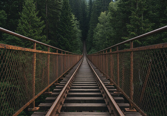 Obraz premium 緑深く続く線路橋 古びた鉄橋 静かに伸びる道