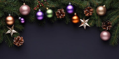Christmas Tree Branches Decorated With Multicolor Ornaments On Deep Blue Background With Copy Space