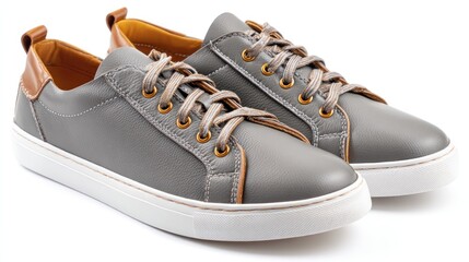 Gray leather sneakers with tan accents