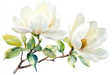 Obraz premium Delicate magnolia blossoms on a branch. Soft, white petals, with hints of yellow, sit atop delicate green leaves and stems. A gentle, spring-like image