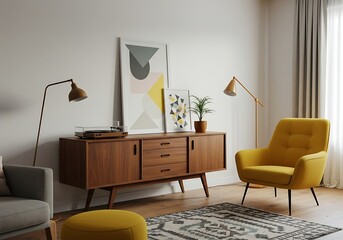 Mid-Century modern living room with yellow armchair and minimalist decor