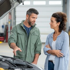 A professional mechanic discusses engine repair with a customer in an automotive shop, providing detailed explanations about the vehicle's condition and repairs needed