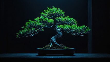 A close up of a bonsai tree with green leaves in a dark setting with a black background and a dark pot