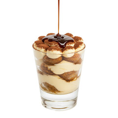Delicious layered dessert in a glass with chocolate drizzle and cookies on top