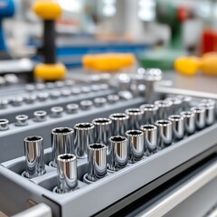 A collection of precision metric sockets is neatly arranged in a tool organizer within a workshop. The macro perspective highlights the craftsmanship and details of each socket