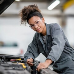 A skilled female automotive technician examines the engine of a car in a well-equipped garage. She wears protective glasses and a work uniform, radiating confidence and expertise