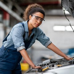 Female automotive technician leans over an open engine hood in a busy repair shop, displaying confidence and focus as she inspects vehicle components in clear daylight