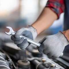 Hands protected by gloves grip a wrench firmly, applying torque in a workshop. The scene highlights manual skills and craftsmanship during mechanical repairs in an industrial environment