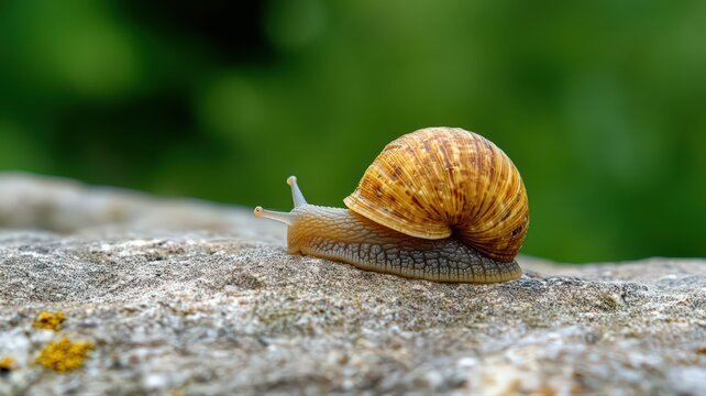 Closeup of a Detailed Snail with Brown Shell Crawling on a Textured Rock Surface in Nature