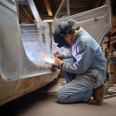 A skilled specialist focuses intently on welding new metal pieces onto a classic car in a well-equipped workshop. The glow from the welding sparks illuminates the surroundings