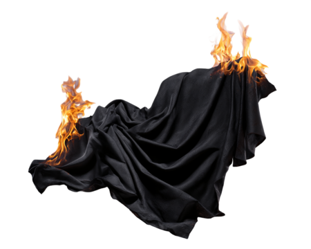 Burning Black Fabric Draped in Flames Against a Transparent Background, PNG