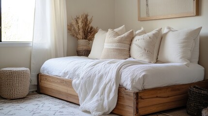 Cozy bedroom with sturdy wooden trundle bed, white bedding, and plush pillows
