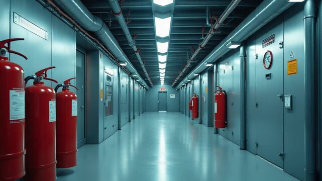 Empty futuristic corridor with equipment and fire extinguishers available