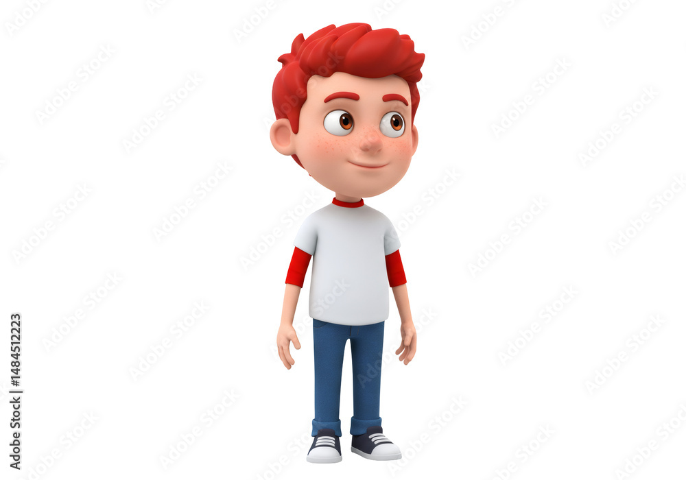 Fototapete 赤毛で笑顔の少年3dレンダリング漫画キャラクターが白い背景でデニムを着て全身を見せる