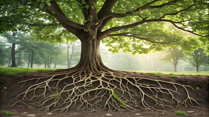 Illustration of a tree whose roots intertwine to form a complex network, symbolizing interconnectedness and foundational strength. Ideal for topics on community, growth, and systemic relationships.
