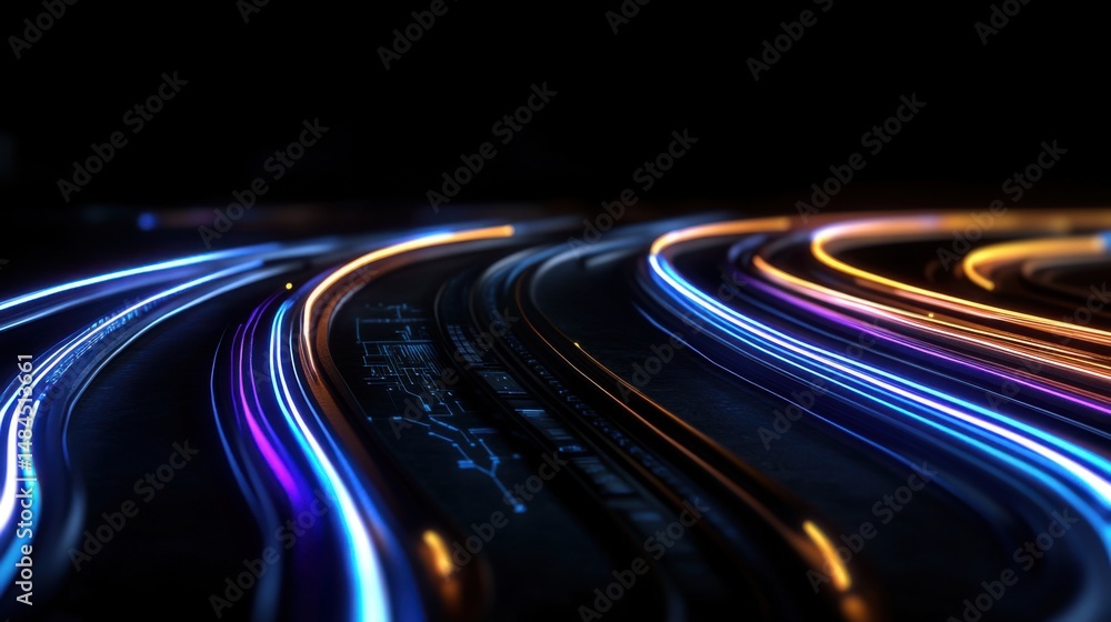 Poster bright strands of color twist and flow across a dark background, creating an energetic and dynamic v