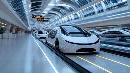 Obraz premium Sleek white transportation vehicles glide silently on automated tracks inside a spacious and futuristic station. The modern architecture features high ceilings and bright lighting