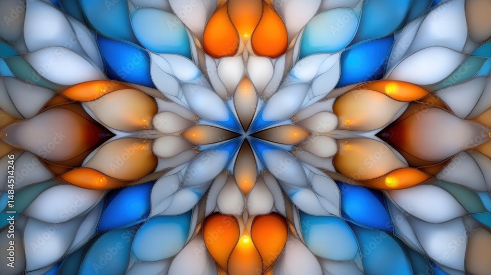 Poster intricate design displays a vibrant mix of blue, orange, and white colors arranged in a symmetrical 