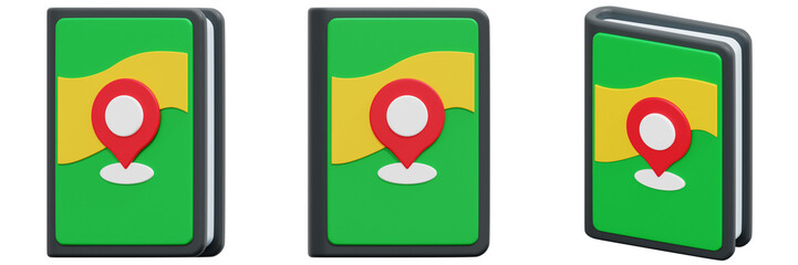 Set of Green and Yellow Pixel Art Map Icon with Red Location Pin 3d Render Icon Illustration