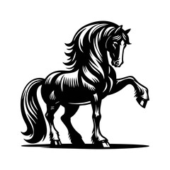 Stylized Stallion Vector with Strong Muscles and Wavy Mane in Rearing Pose on White Background for Poster Tattoo and Traditional Animal Illustration Use