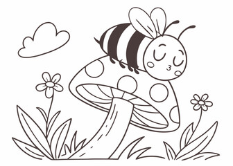 Cute kawaii cartoon character bee sleeping on the mushroom coloring page for kids