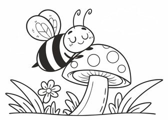Cute kawaii cartoon character bee sleeping on the mushroom coloring page for kids