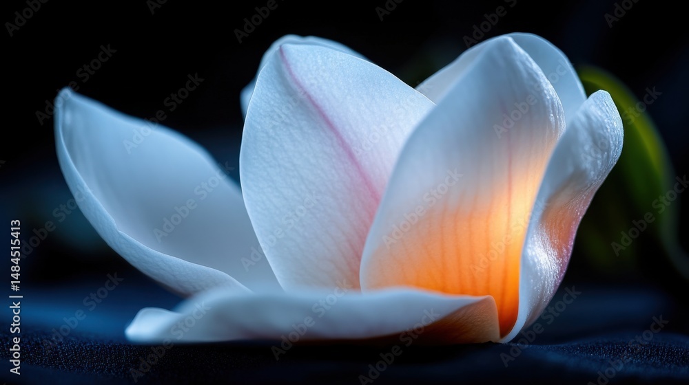 Poster a white flower with gently folded petals is softly illuminated, creating a calm ambiance. the delica