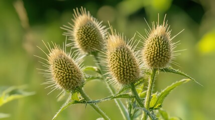 Obraz premium Cluster of Prickly Thistles Surrounded by Lush Greenery on a Sunny Day Outdoors