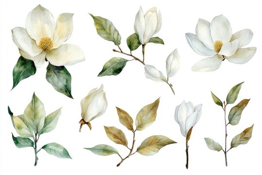 Delicate magnolia blossoms and leaves in watercolor style