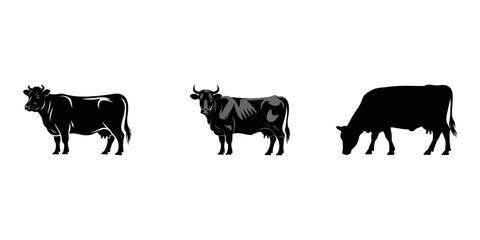cows on a white background, set of cows silhouette vector on tranparent background, cow and calf silhouette set. cow and calf isolated farm animal silhouette icon vector collection, black and white.