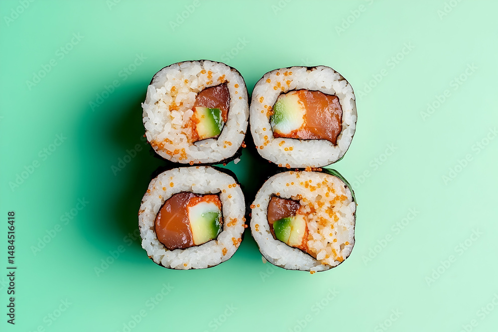 Poster four sushi rolls arranged in a square pattern on a mint background.