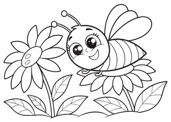 Cute kawaii cartoon character bee lying on the flower coloring page for kids