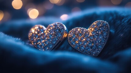 Obraz premium Two Sparkling Hearts Adorned with Diamonds Resting on a Soft Blue Fabric under Romantic Lighting