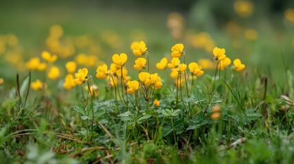 Fototapeta premium Cluster of Vibrant Yellow Flowers Growing in a Lush Green Field Surrounded by Nature