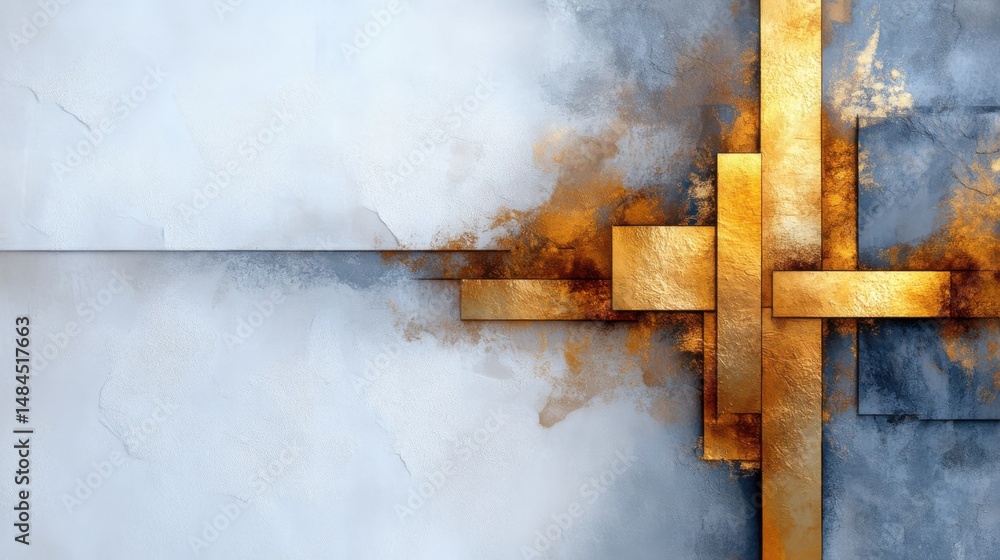 Poster modern abstract artwork showcases gold and blue textures with intersecting geometric shapes. the sof